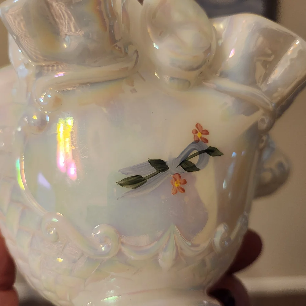 Fenton White Carnival Glass Opalescent Handpainted Basket Signed By Artist